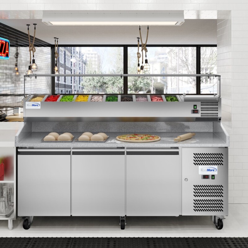 79 in. Three-Door Commercial Refrigerated Granite Top Pizza Prep Station With a Refrigerated Stainless-Steel Condiment Pan Holder KMRPCPS2D79GRT, product image 4 of 13
