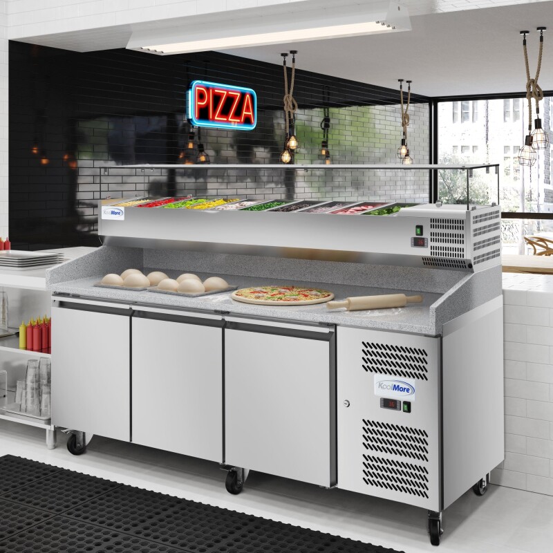 79 in. Three-Door Commercial Refrigerated Granite Top Pizza Prep Station With a Refrigerated Stainless-Steel Condiment Pan Holder KMRPCPS2D79GRT, product image 5 of 13