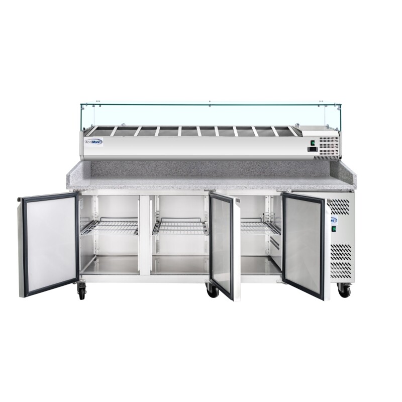 79 in. Three-Door Commercial Refrigerated Granite Top Pizza Prep Station With a Refrigerated Stainless-Steel Condiment Pan Holder KMRPCPS2D79GRT, product image 6 of 13