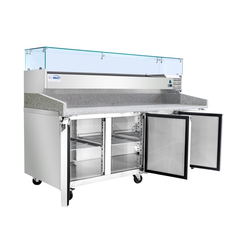 79 in. Three-Door Commercial Refrigerated Granite Top Pizza Prep Station With a Refrigerated Stainless-Steel Condiment Pan Holder KMRPCPS2D79GRT, product image 7 of 13