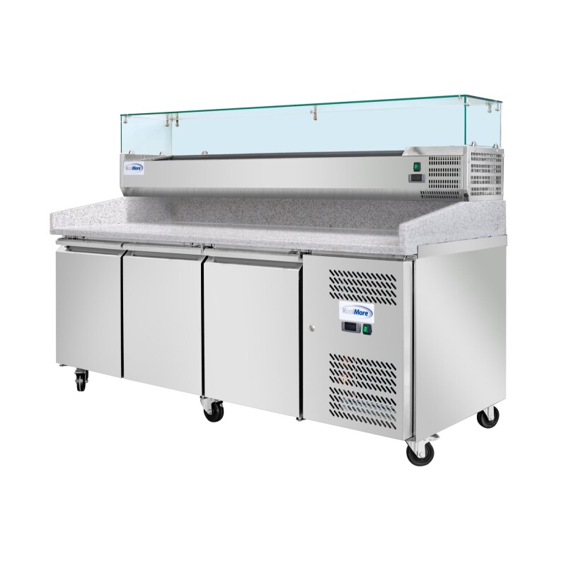 79 in. Three-Door Commercial Refrigerated Granite Top Pizza Prep Station With a Refrigerated Stainless-Steel Condiment Pan Holder KMRPCPS2D79GRT, product image 8 of 13