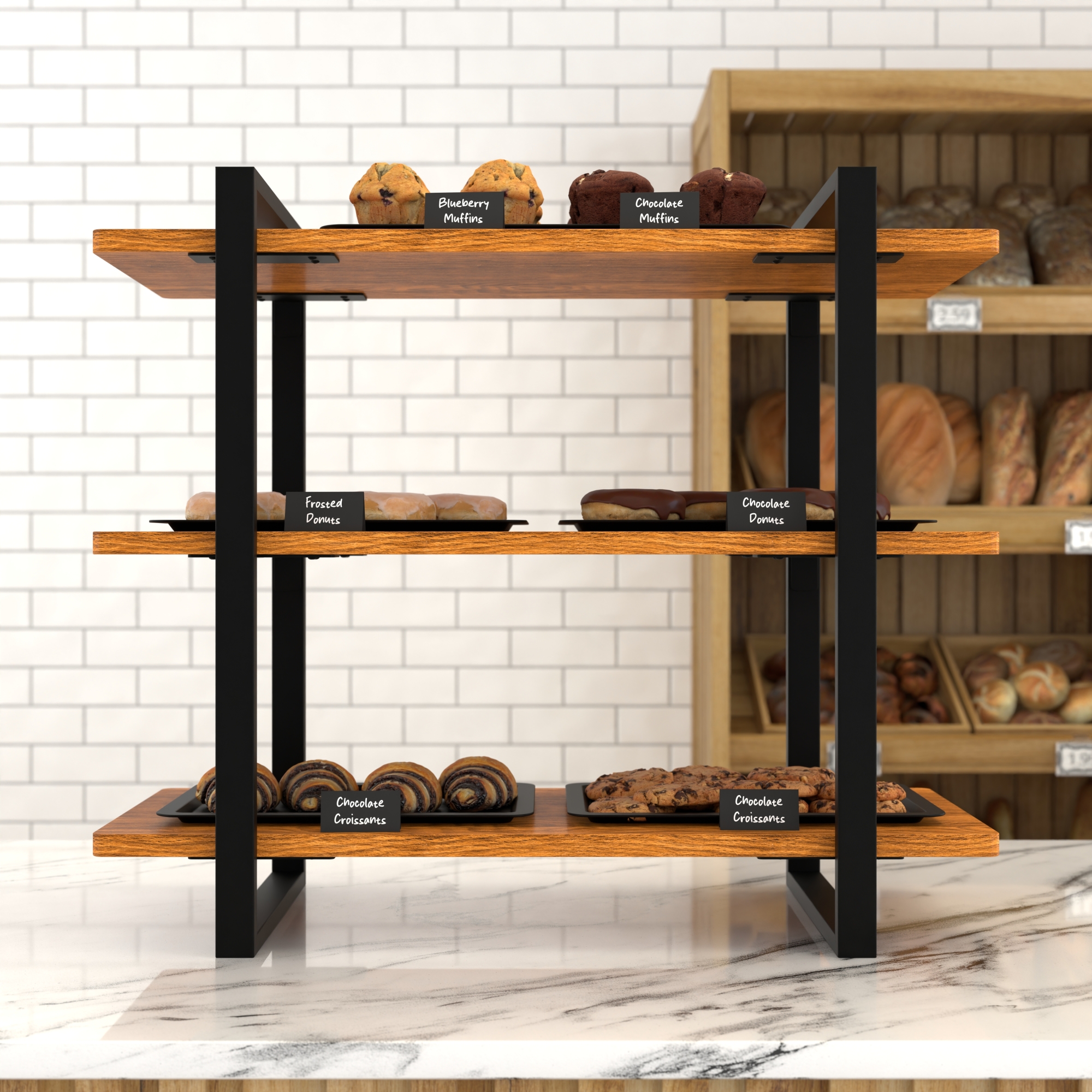 28 in. 3 Tiered Supermarket Wooden Display Rack KMSDW3ROP, product image 3 of 9