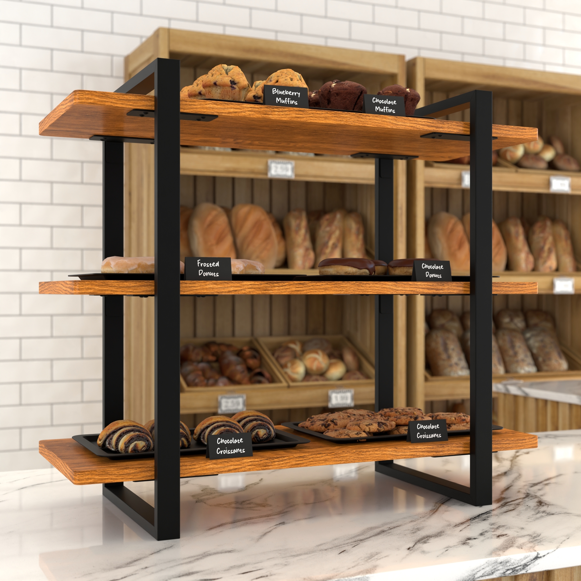 28 in. 3 Tiered Supermarket Wooden Display Rack KMSDW3ROP, product image 4 of 9