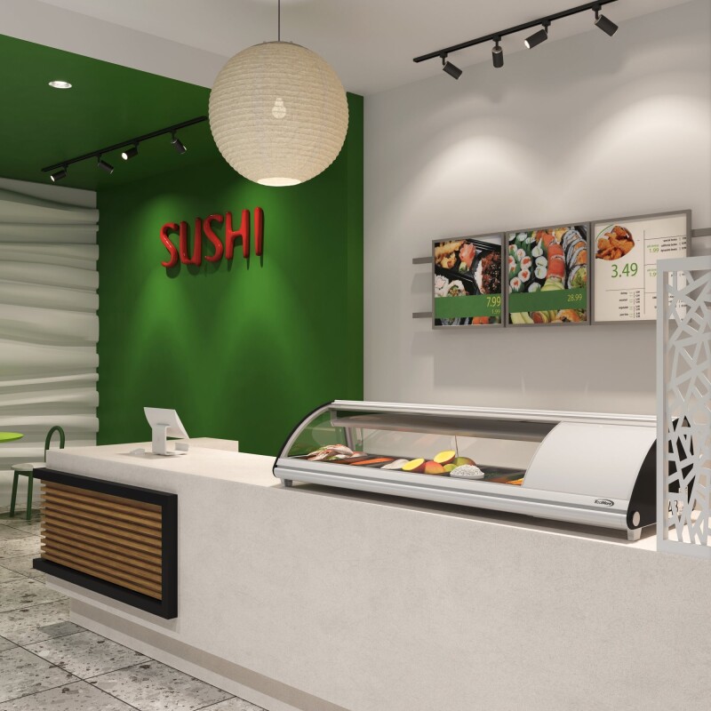 60 in. Glass Sushi Countertop Display Refrigerator with 6 Stainless Steel Trays in White KMSR60WH, product image 8 of 10