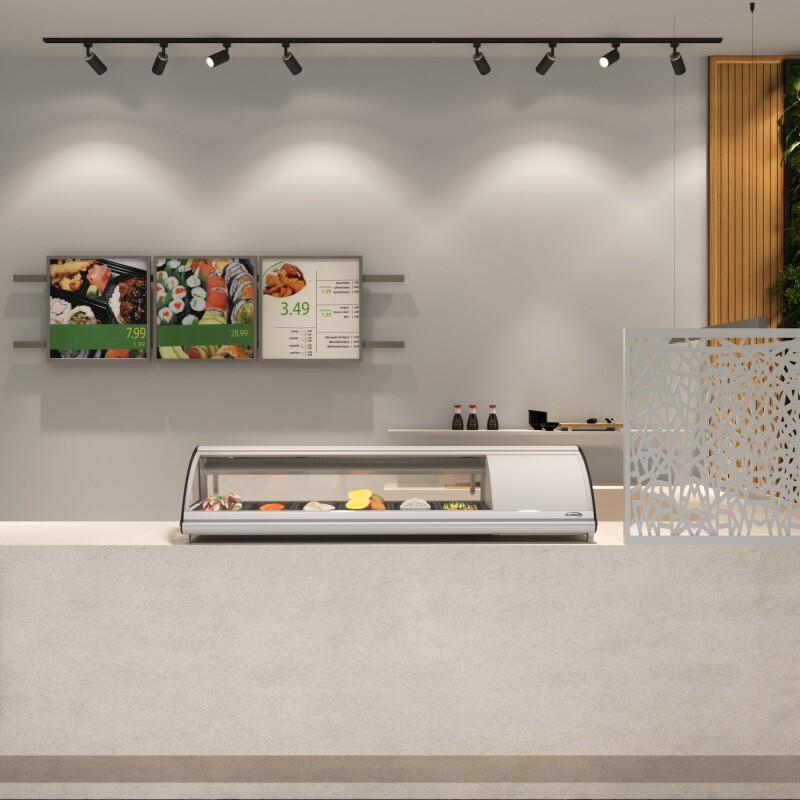 60 in. Glass Sushi Countertop Display Refrigerator with 6 Stainless Steel Trays in White KMSR60WH, product image 9 of 10