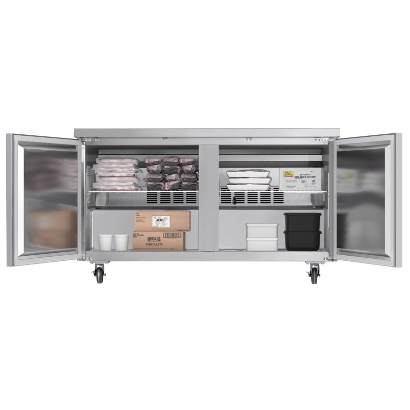 60 in. Two-Door Commercial Undercounter Freezer in Stainless Steel with Casters, ETL Listed KMUCF15SS