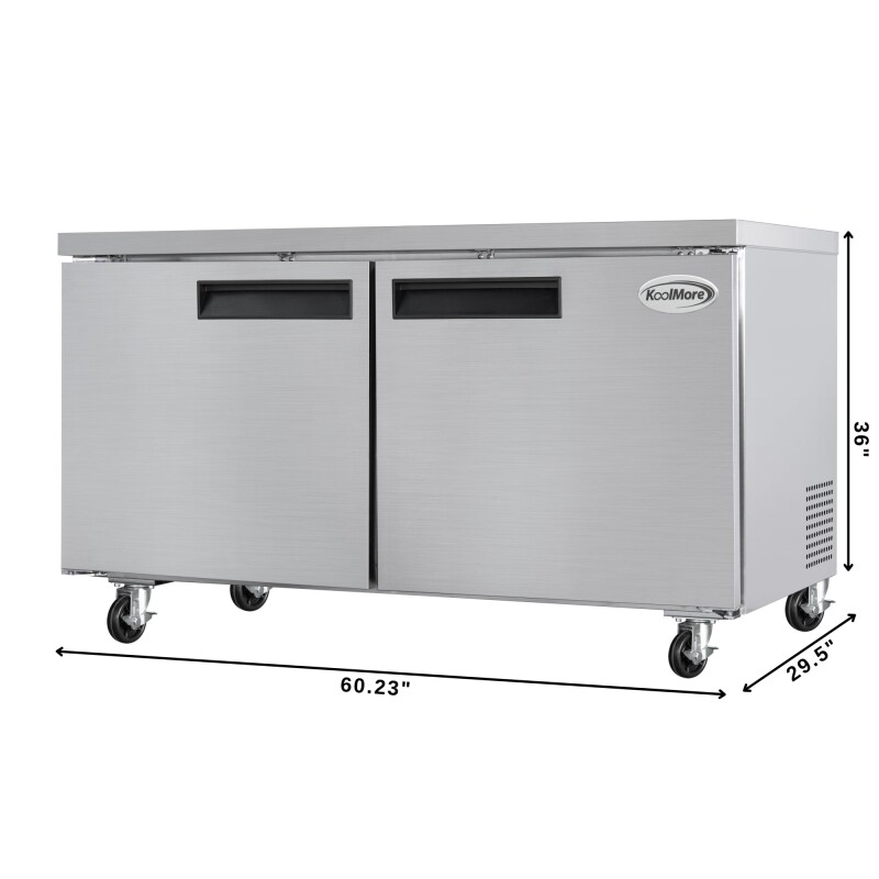60 in. Two-Door Commercial Undercounter Freezer in Stainless Steel with Casters, ETL Listed KMUCF15SS