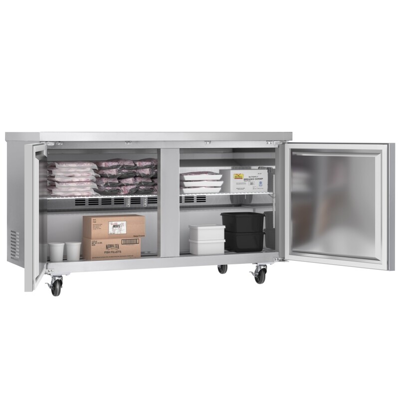 60 in. Two-Door Commercial Undercounter Freezer in Stainless Steel with Casters, ETL Listed KMUCF15SS