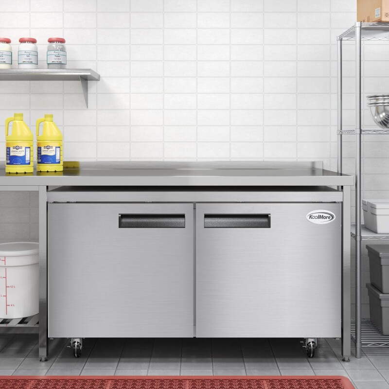 60 in. Two-Door Commercial Undercounter Freezer in Stainless Steel with Casters, ETL Listed KMUCF15SS