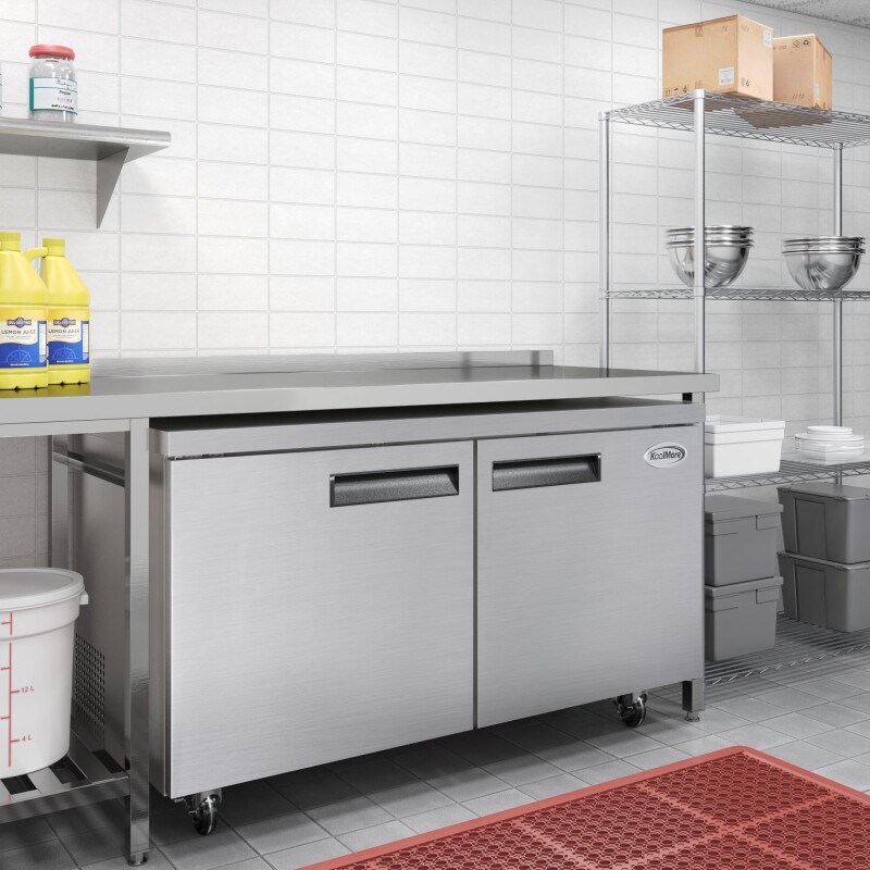 60 in. Two-Door Commercial Undercounter Freezer in Stainless Steel with Casters, ETL Listed KMUCF15SS