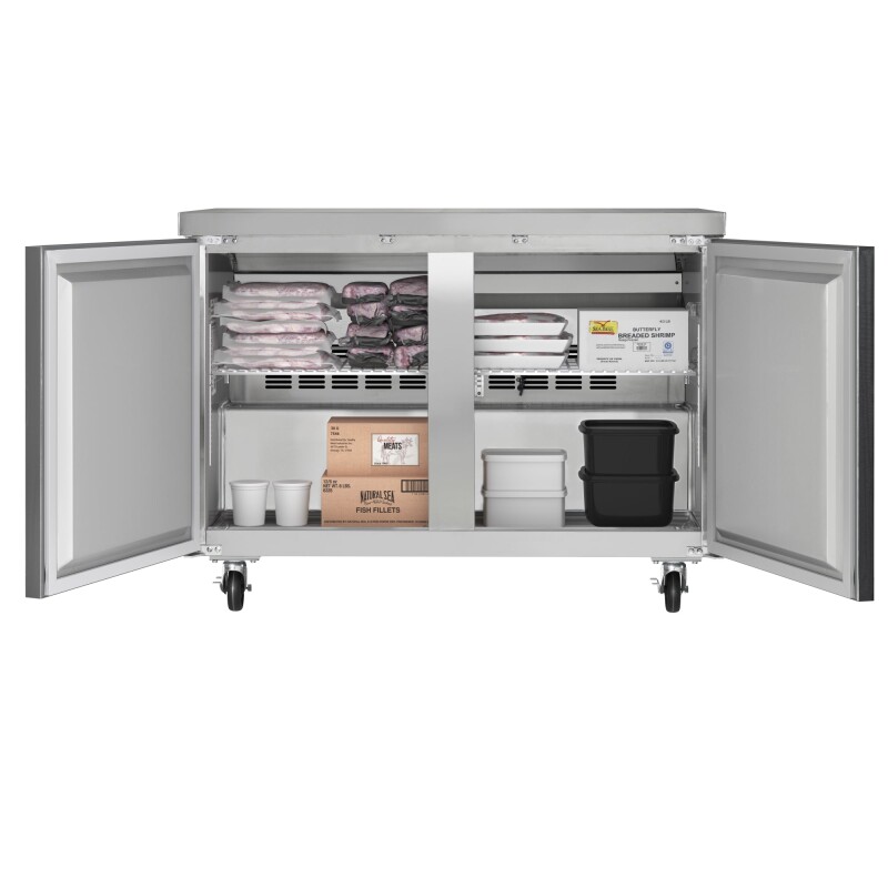 48 in. Two-Door Commercial Undercounter Freezer in Stainless Steel with Casters, ETL Listed KMUCF2DSS