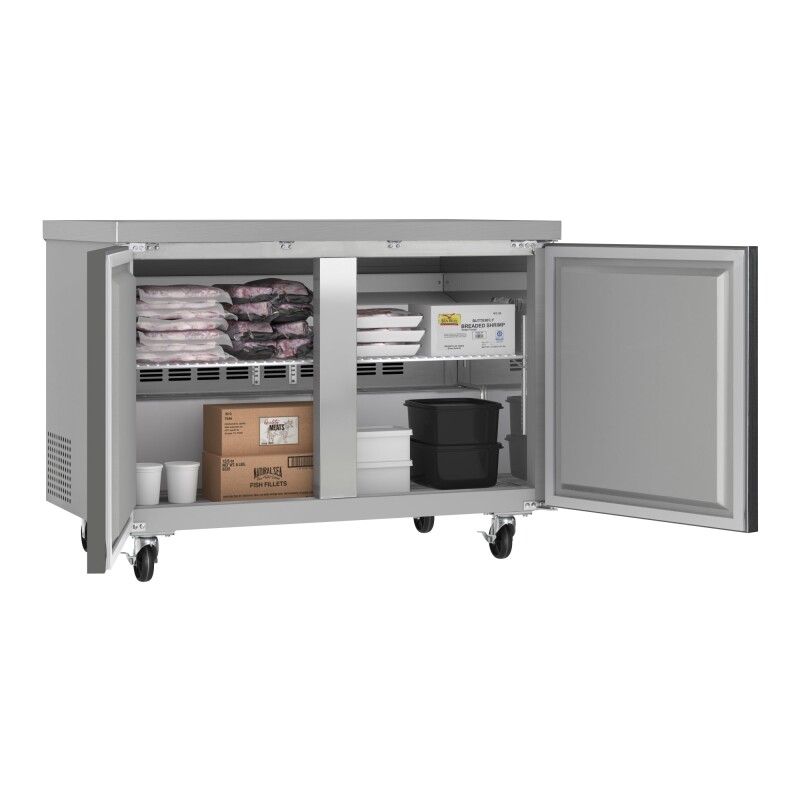 48 in. Two-Door Commercial Undercounter Freezer in Stainless Steel with Casters, ETL Listed KMUCF2DSS