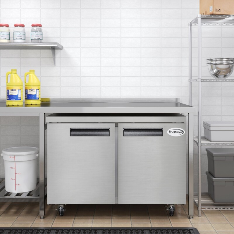 48 in. Two-Door Commercial Undercounter Freezer in Stainless Steel with Casters, ETL Listed KMUCF2DSS