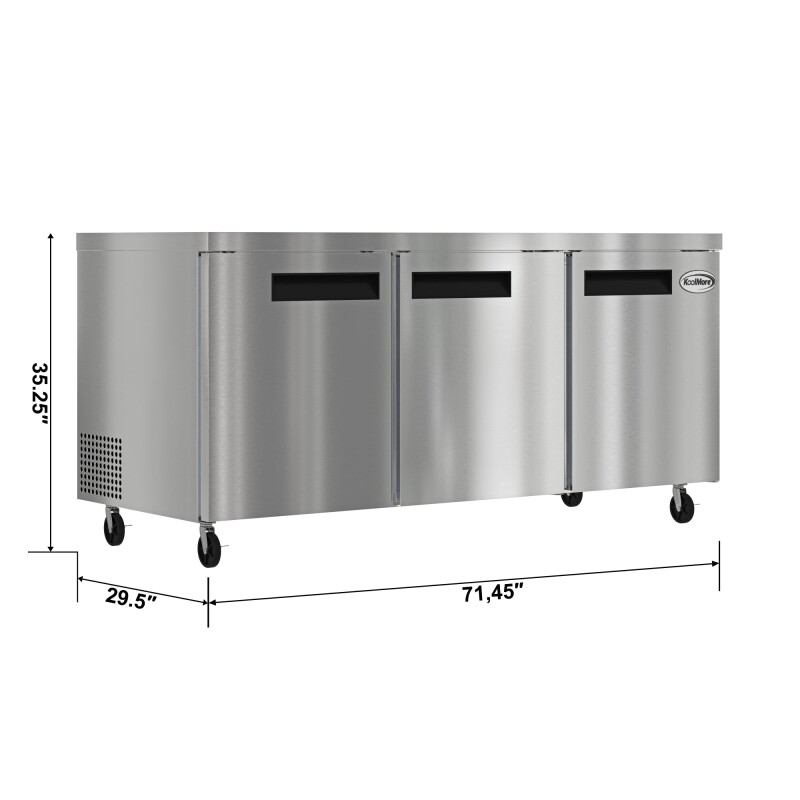 72 in. Three Door Commercial Undercounter Refrigerator 18 cu. ft KMUCR3DSS, product image 3 of 8