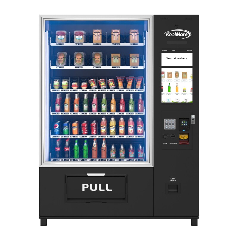 Snack Vending Machine with 21.5 Inch Touch Display, 66 Slots and Elevator-Lift Dispensing System,Refrigerated, Bill and Coin Acceptor, Credit Card Reader, Wifi and 4G Connectivity in Black KM