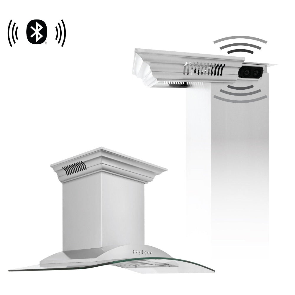 36 In. Crownsound™ Ducted Vent Wall Mount Range Hood In Stainless Steel And Glass With Built-in Bluetooth Speakers KNCRNBT36