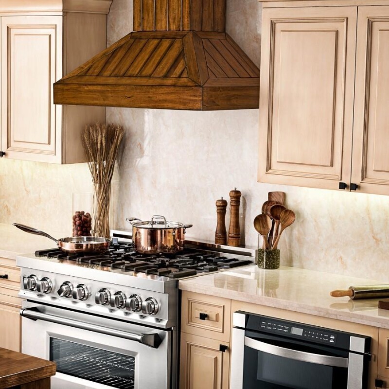 30 In. Wooden Wall Mount Range Hood In Rustic Light Finish KPLL30