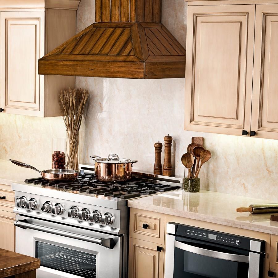 36 In. Wooden Wall Mount Range Hood In Rustic Light Finish KPLL36