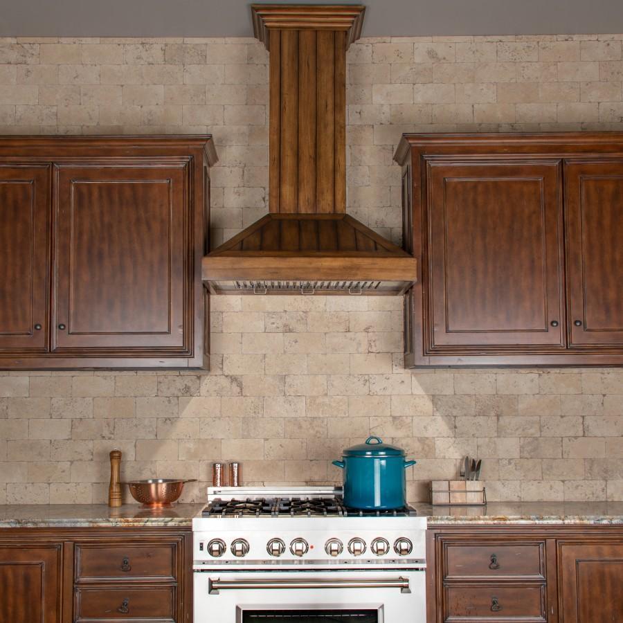 36 In. Wooden Wall Mount Range Hood In Rustic Light Finish KPLL36