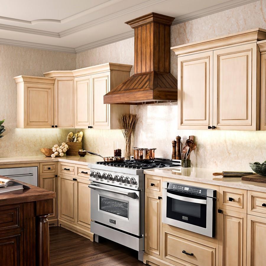 36 In. Wooden Wall Mount Range Hood In Rustic Light Finish KPLL36