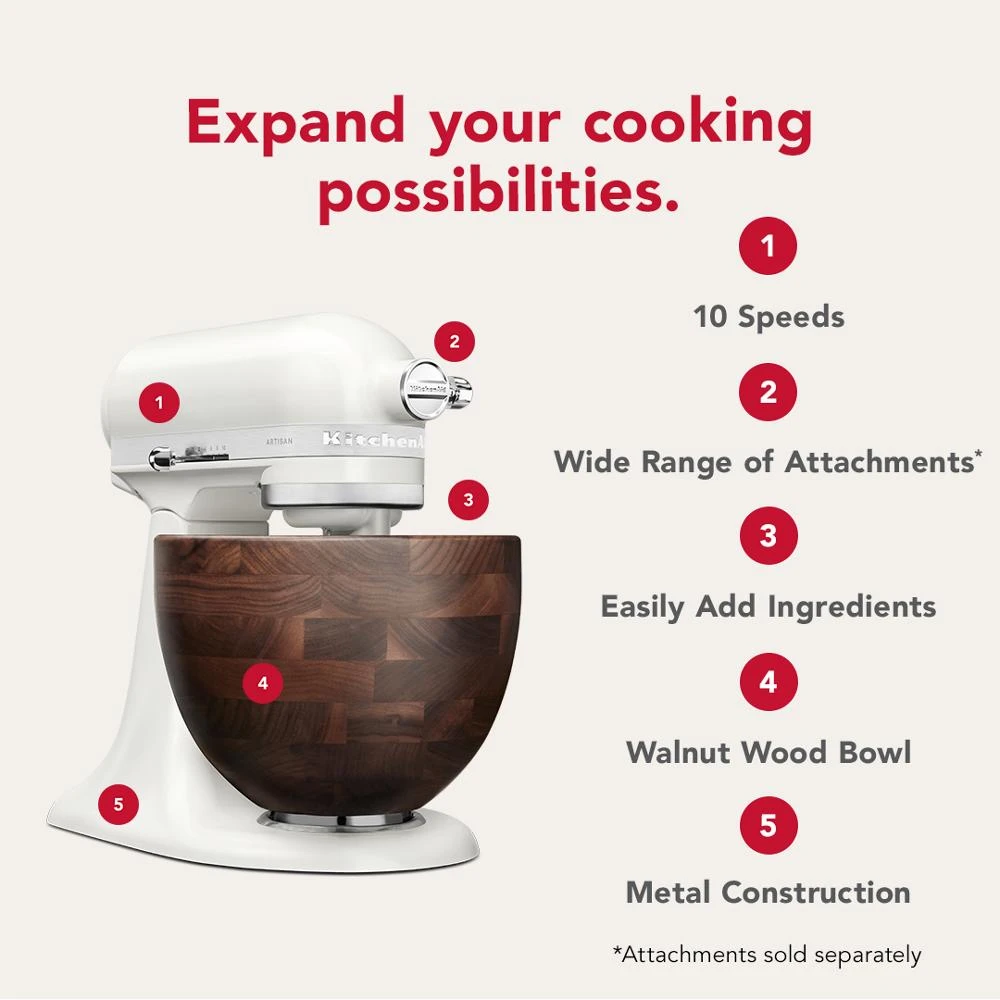 Artisan® Series 5 Quart Tilt-Head Stand Mixer with Walnut Wood Bowl KSM156WBPL, product image 6 of 11