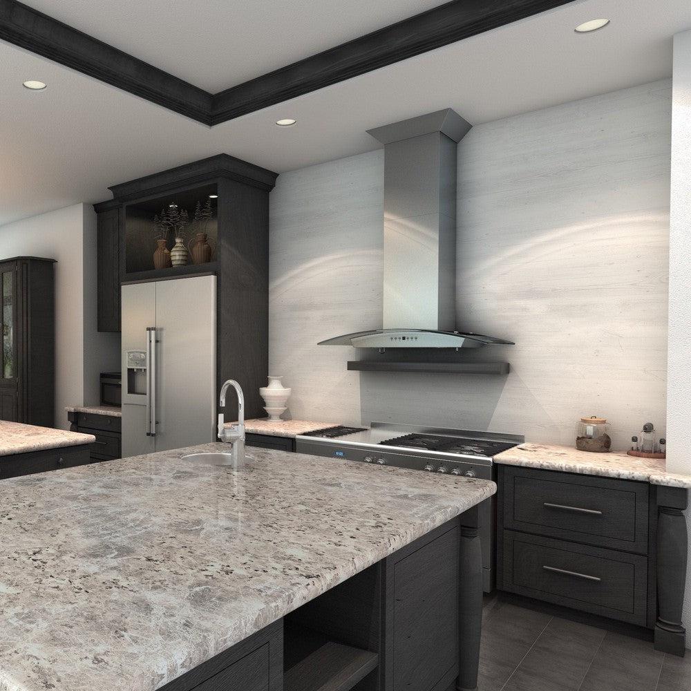 30 In. Convertible Vent Wall Mount Range Hood In Stainless Steel And Glass With Crown Molding KZCRN30