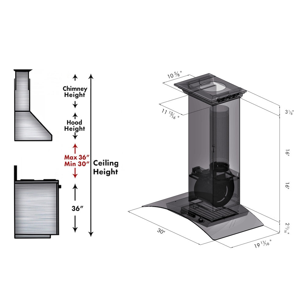 30 In. Convertible Vent Wall Mount Range Hood In Stainless Steel And Glass With Crown Molding KZCRN30