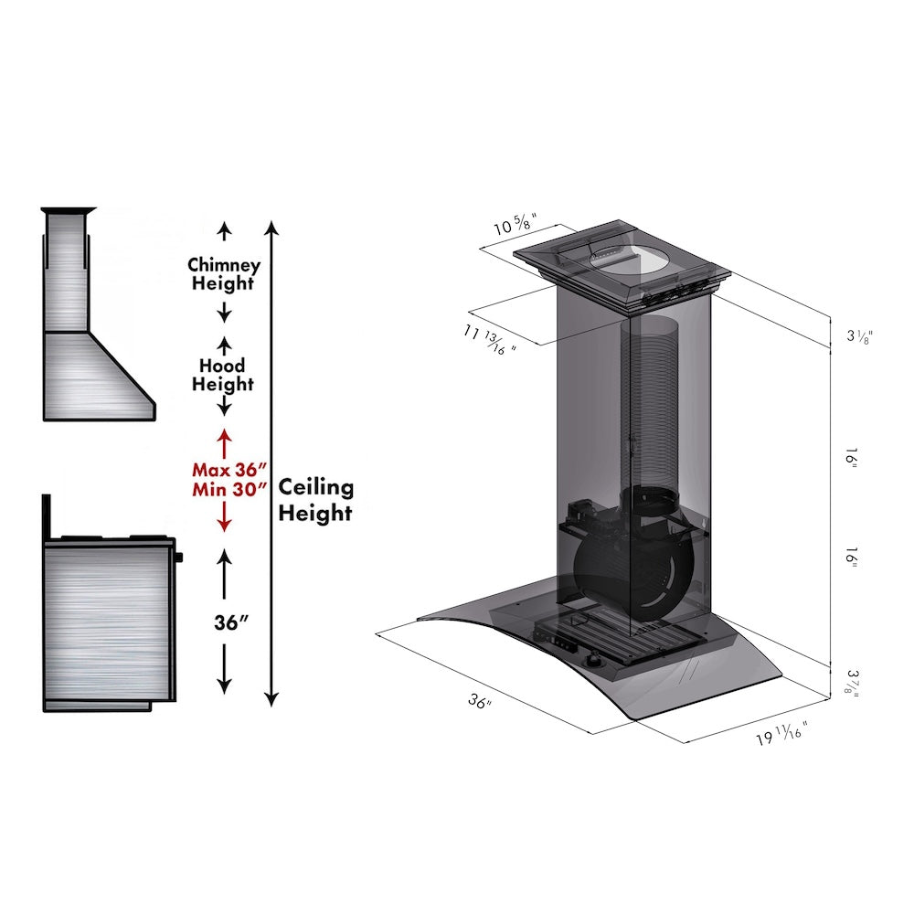 36 In. Convertible Vent Wall Mount Range Hood In Stainless Steel And Glass With Crown Molding KZCRN36