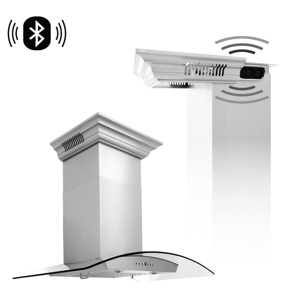 36 In. Crownsound™ Ducted Vent Wall Mount Range Hood In Stainless Steel And Glass With Built-in Bluetooth Speakers KZCRNBT36