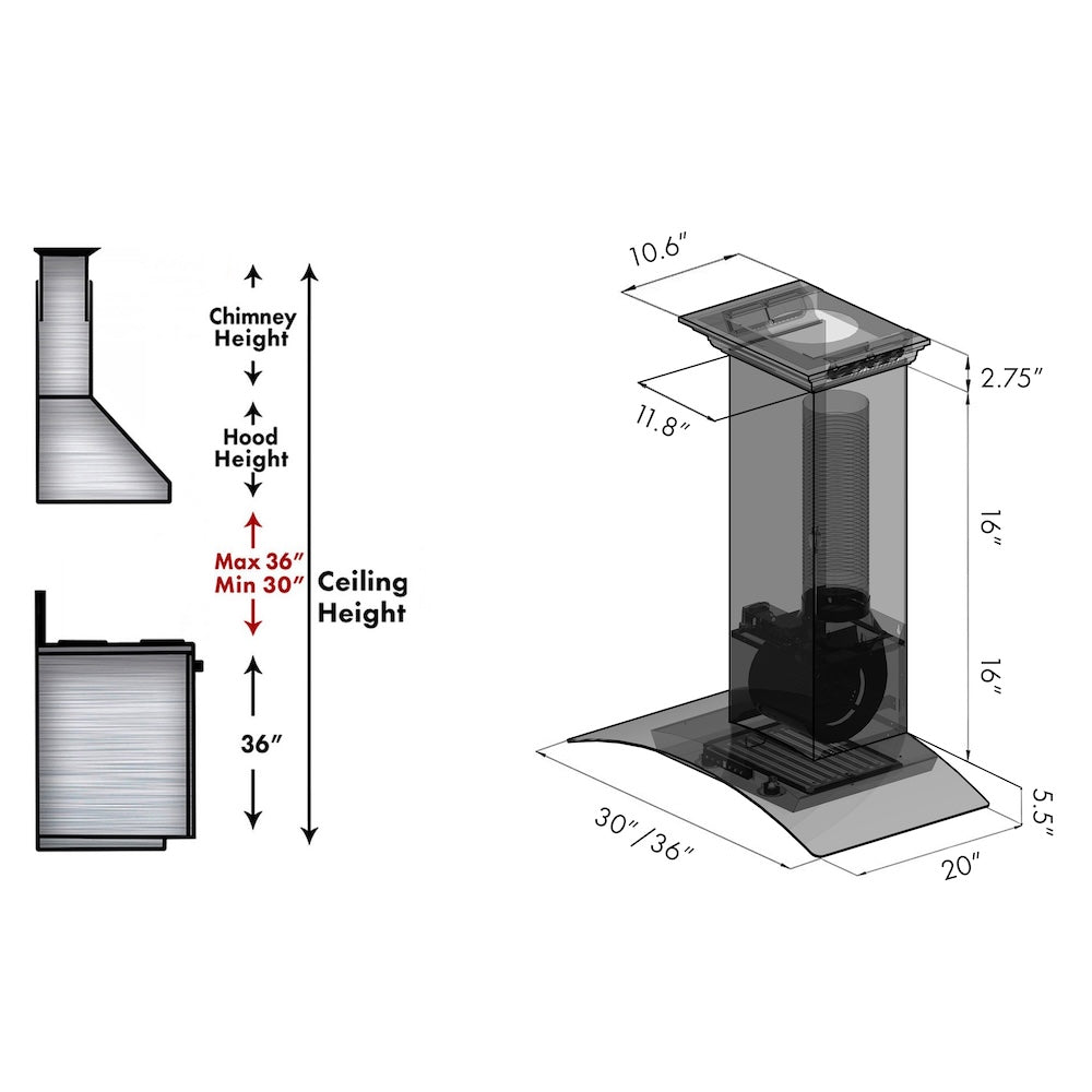 36 In. Crownsound™ Ducted Vent Wall Mount Range Hood In Stainless Steel And Glass With Built-in Bluetooth Speakers KZCRNBT36
