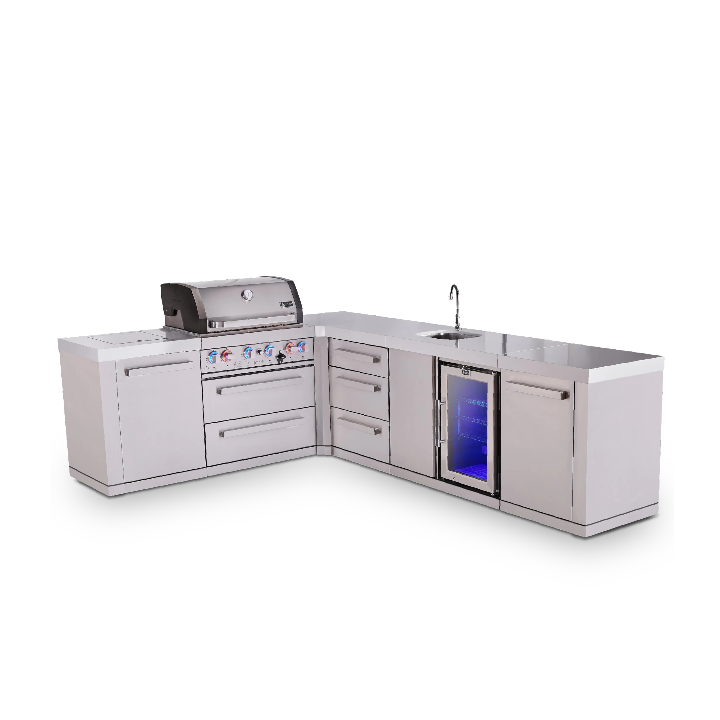 4-burner L-shaped Outdoor Kitchen Island With 90-degree Beverage Center And Extra Drawer Slides Cabinet MAI40090BEVDR