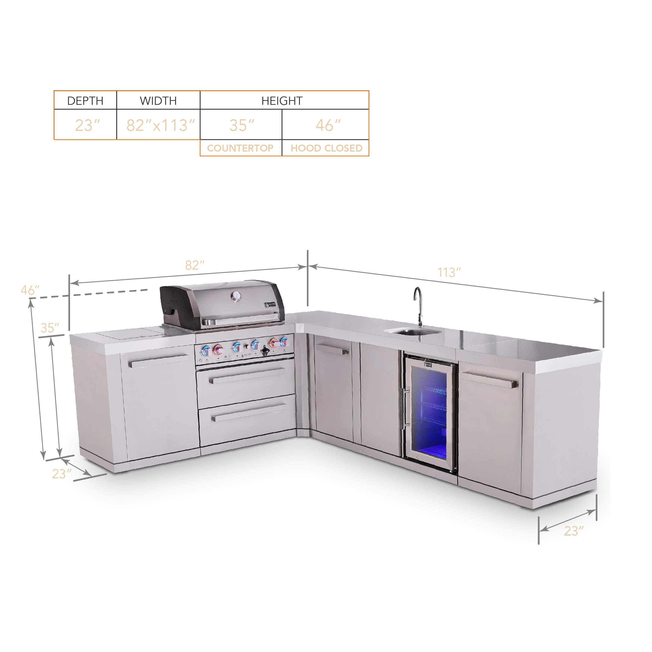 4-burner L-shaped Outdoor Kitchen Island With 90-degree Beverage Center And Extra Storage Cabinet MAI40090BEVXL
