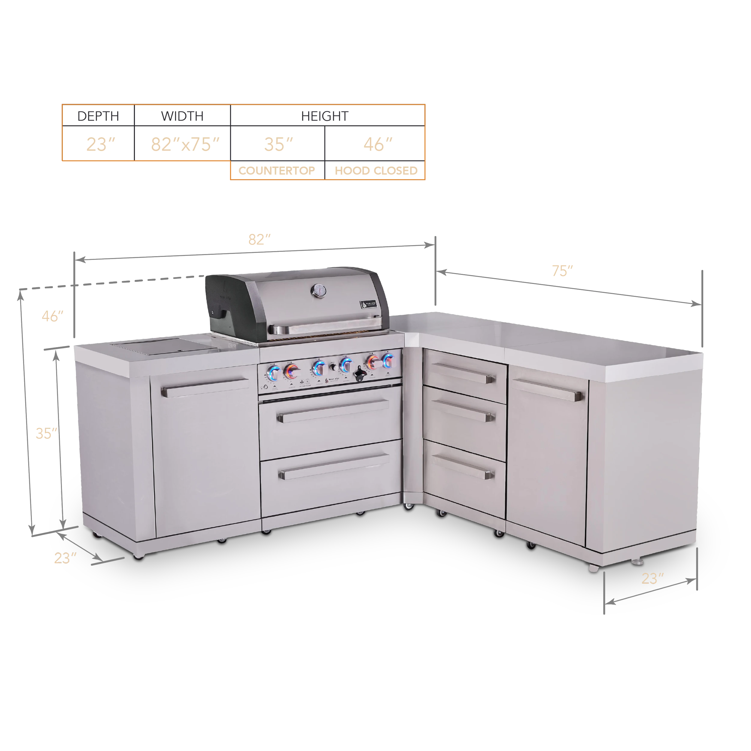 4-burner L-shaped Outdoor Kitchen Island With 90-degree Corner And Extra Drawer Slides Cabinet MAI40090DR