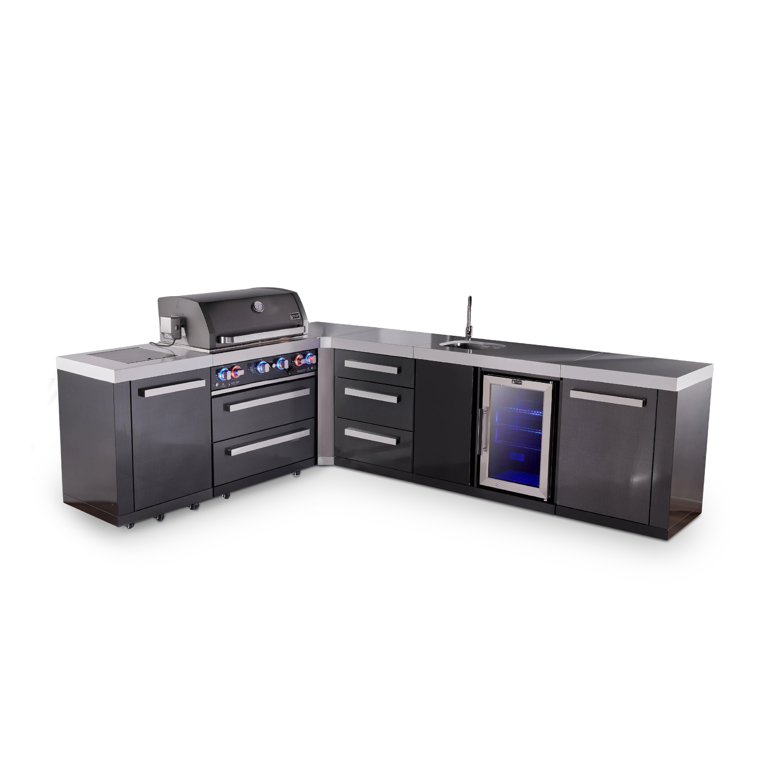4-burner L-shaped Black Series Outdoor Kitchen Island With 90-degree Beverage Center And Xl Extra Drawer Slides Cabinet MAI400BSS90BEVDR