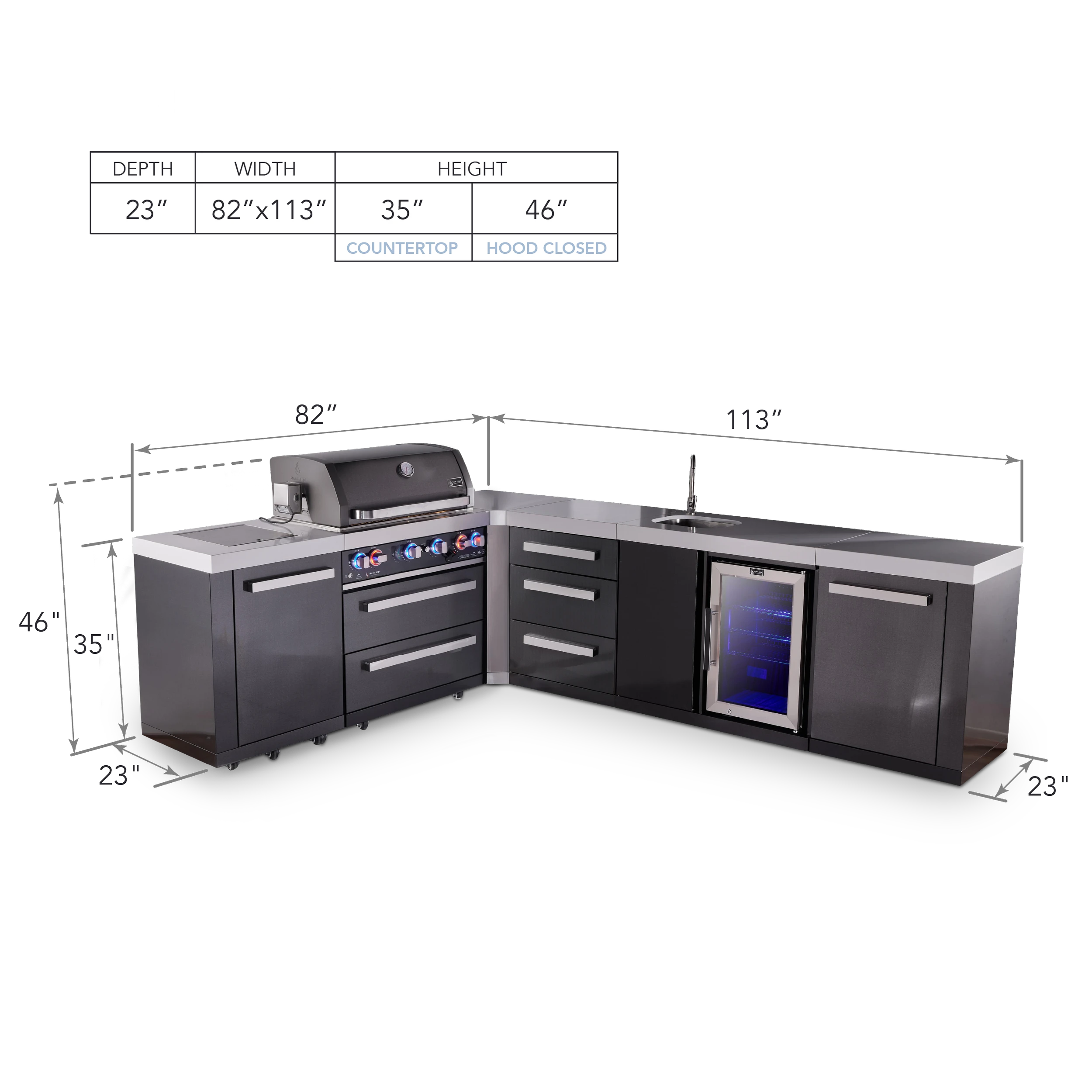 4-burner L-shaped Black Series Outdoor Kitchen Island With 90-degree Beverage Center And Xl Extra Drawer Slides Cabinet MAI400BSS90BEVDR