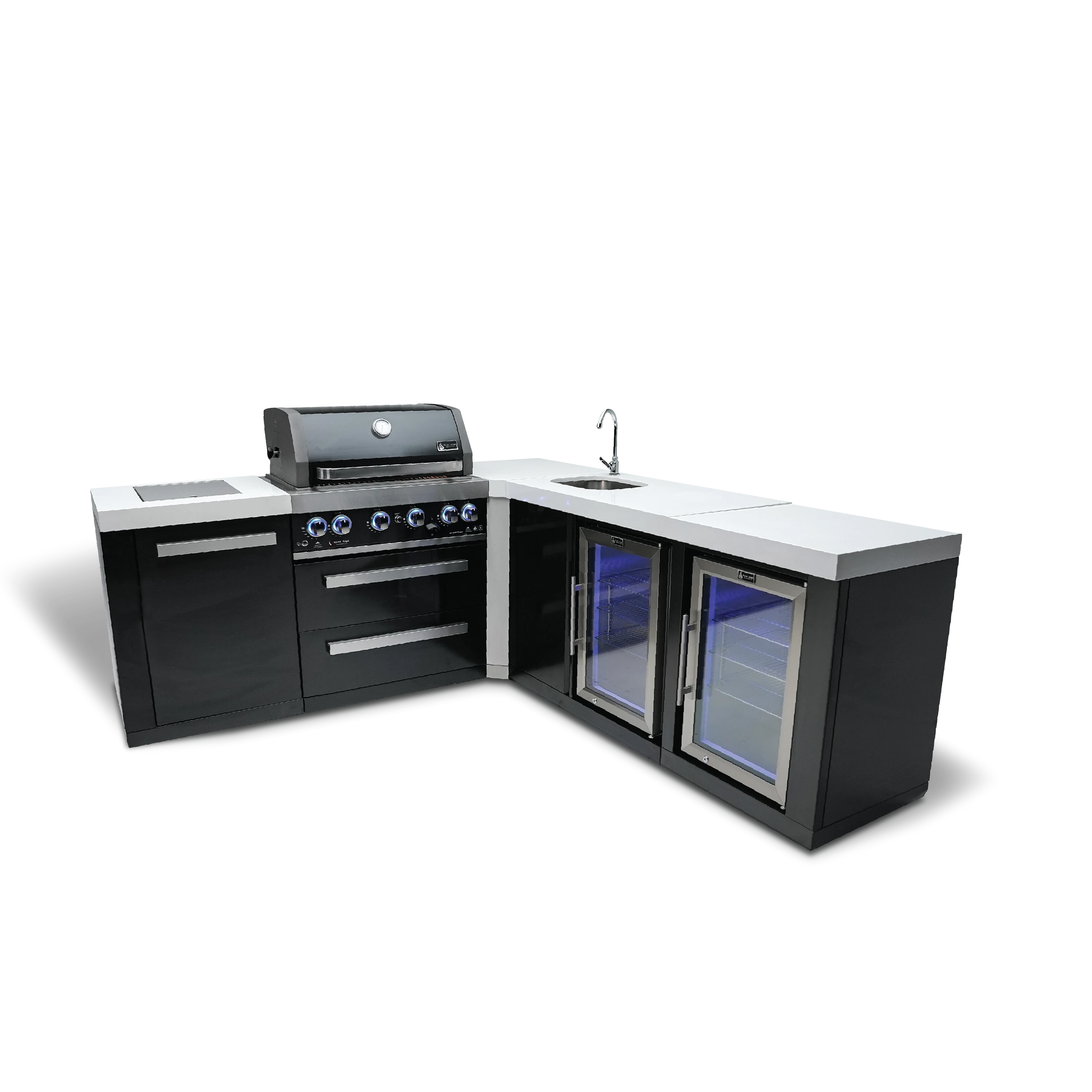 4-burner Black Stainless Steel Island With 90-degree Corner, Beverage Center And Fridge Cabinet MAI400BSS90BEVFC