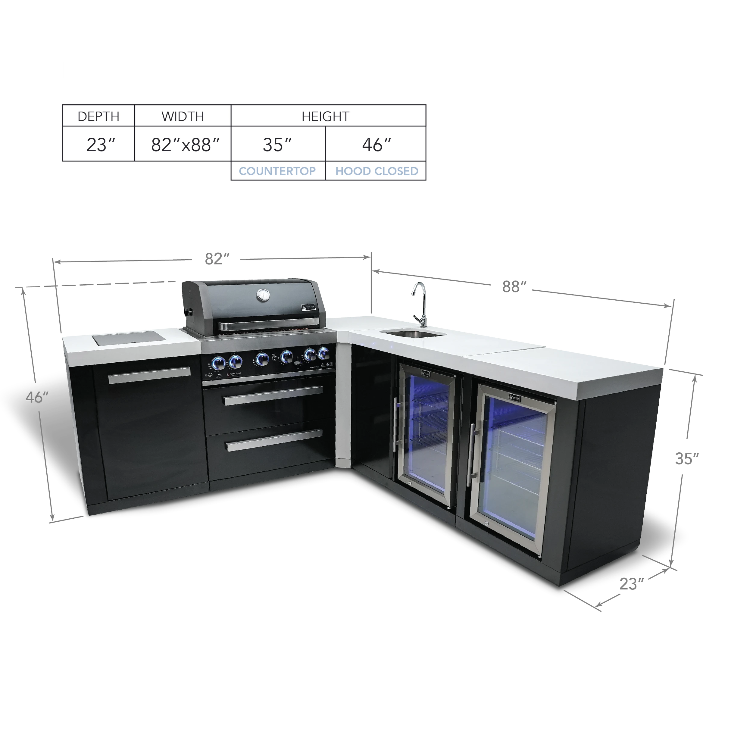 4-burner Black Stainless Steel Island With 90-degree Corner, Beverage Center And Fridge Cabinet MAI400BSS90BEVFC