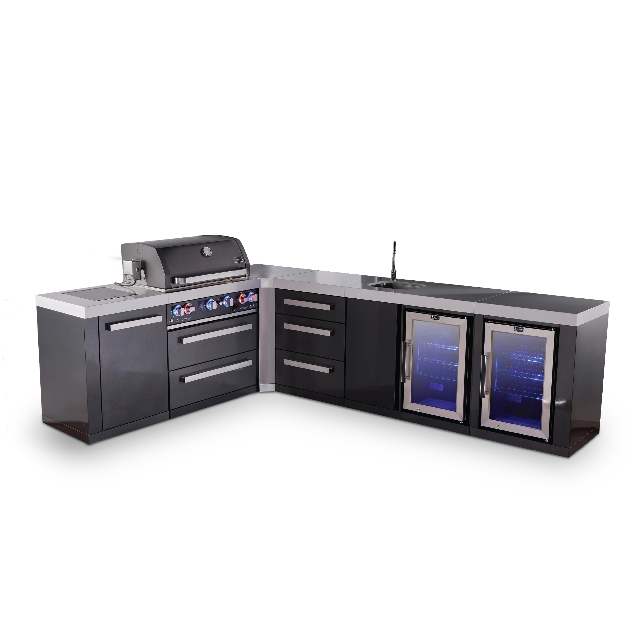 4-burner Black Stainless Steel Island With 90-degree Corner, Beverage Center And Fridge Cabinet Plus Extra 3-drawer Cabinet MAI400BSS90BEVFCDR