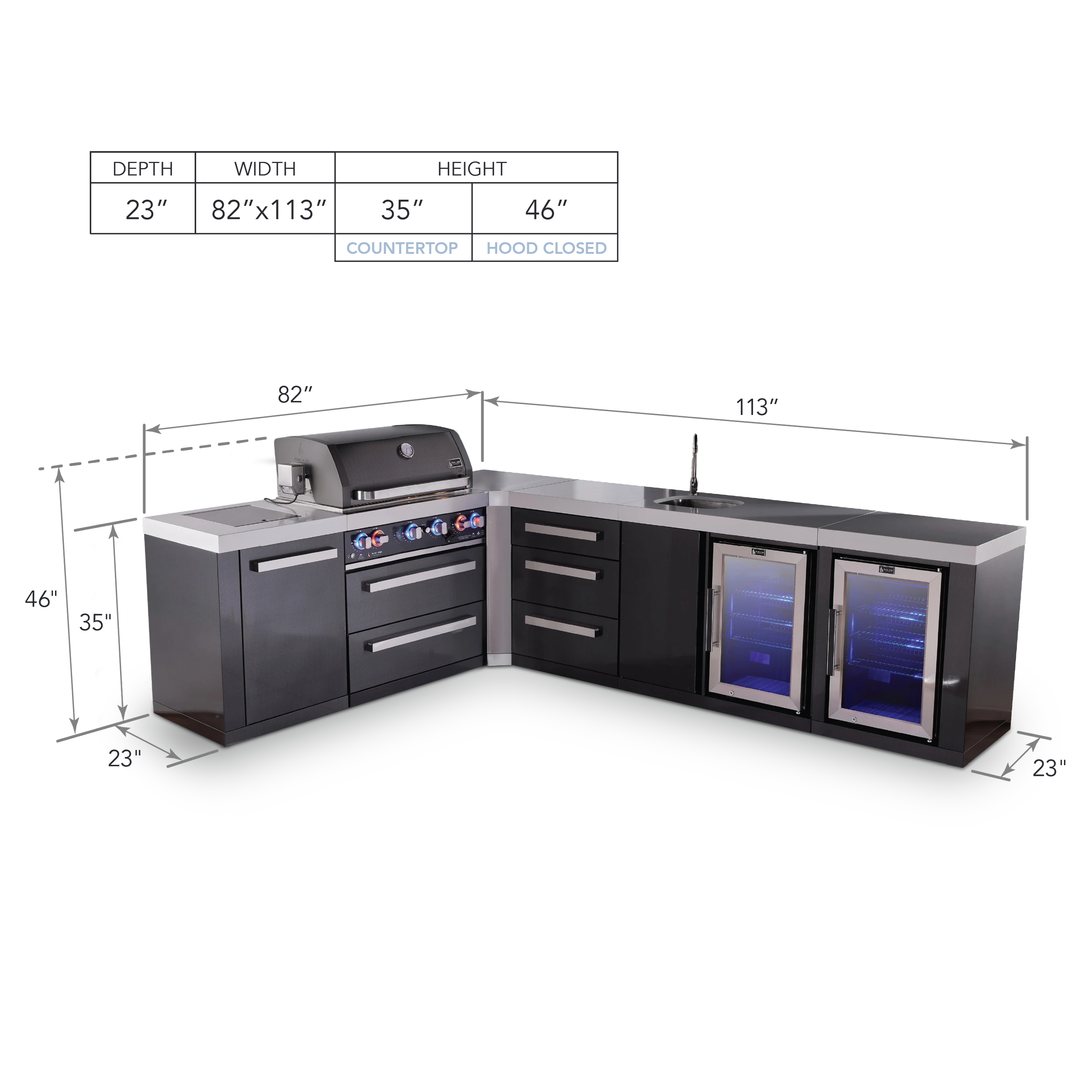 4-burner Black Stainless Steel Island With 90-degree Corner, Beverage Center And Fridge Cabinet Plus Extra 3-drawer Cabinet MAI400BSS90BEVFCDR