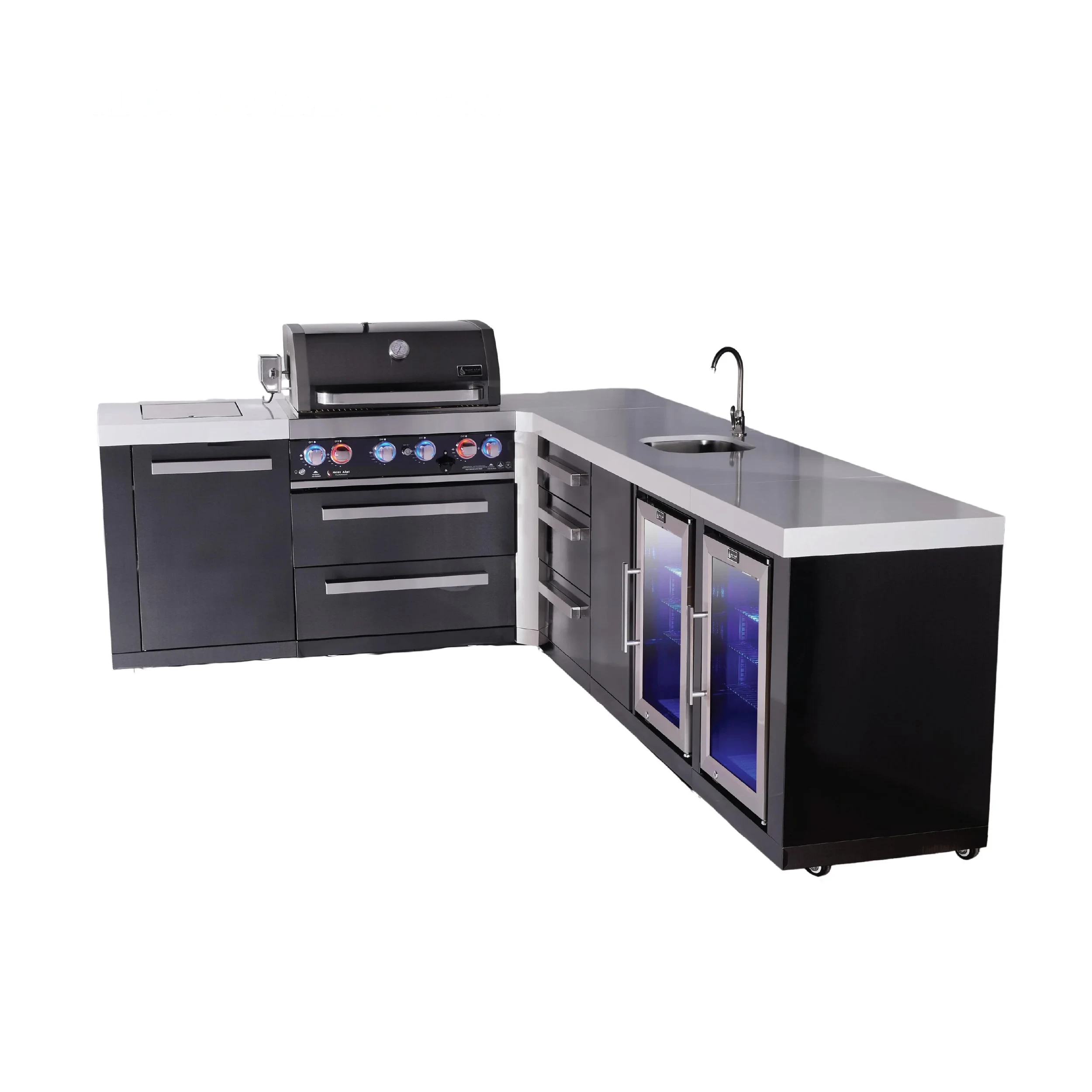4-burner Black Stainless Steel Island With 90-degree Corner, Beverage Center And Fridge Cabinet Plus Extra 3-drawer Cabinet MAI400BSS90BEVFCDR