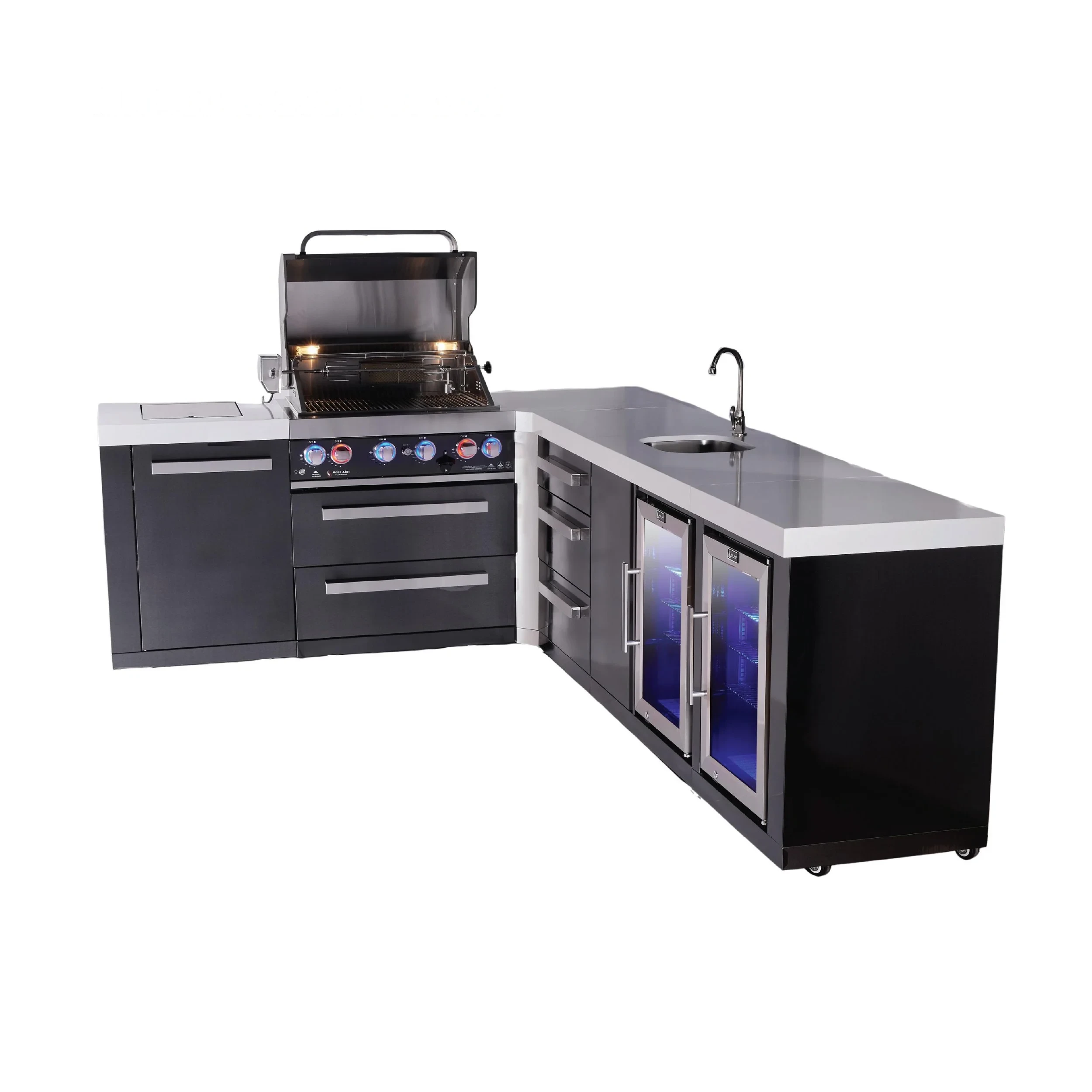 4-burner Black Stainless Steel Island With 90-degree Corner, Beverage Center And Fridge Cabinet Plus Extra 3-drawer Cabinet MAI400BSS90BEVFCDR