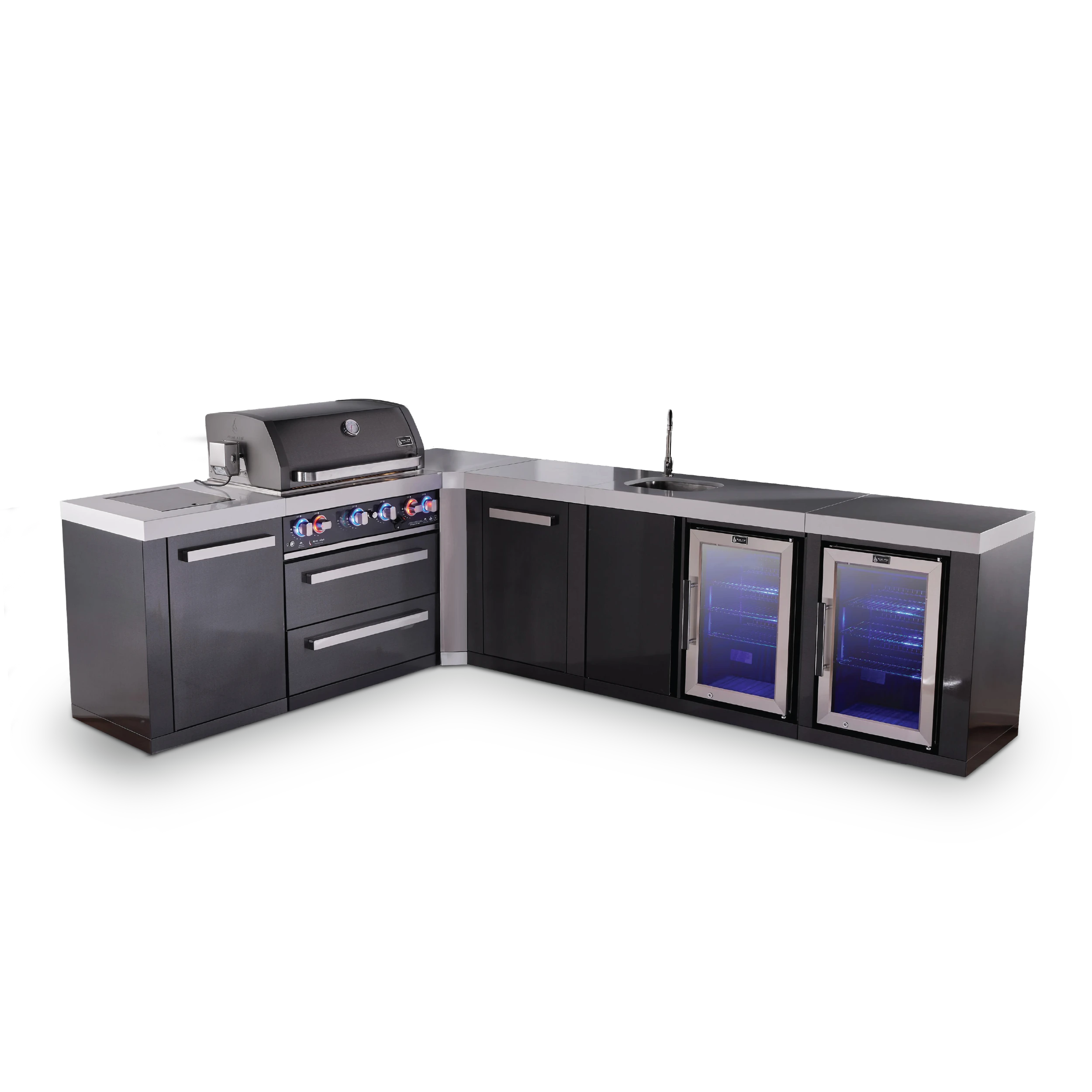 4-burner Black Stainless Steel Island With 90-degree Corner, Beverage Center And Fridge Cabinet Plus Extra Storage Cabinet MAI400BSS90BEVFCXL