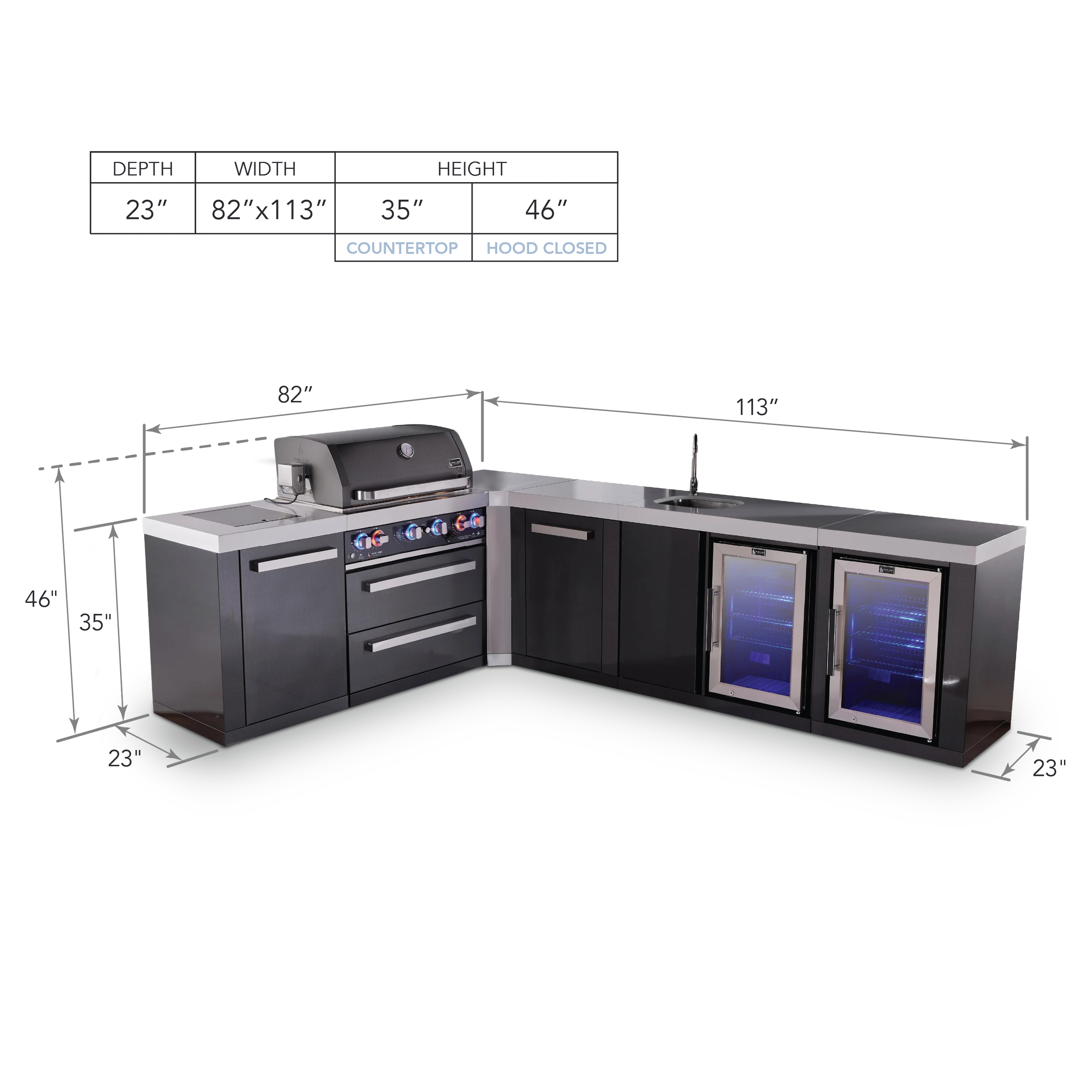 4-burner Black Stainless Steel Island With 90-degree Corner, Beverage Center And Fridge Cabinet Plus Extra Storage Cabinet MAI400BSS90BEVFCXL