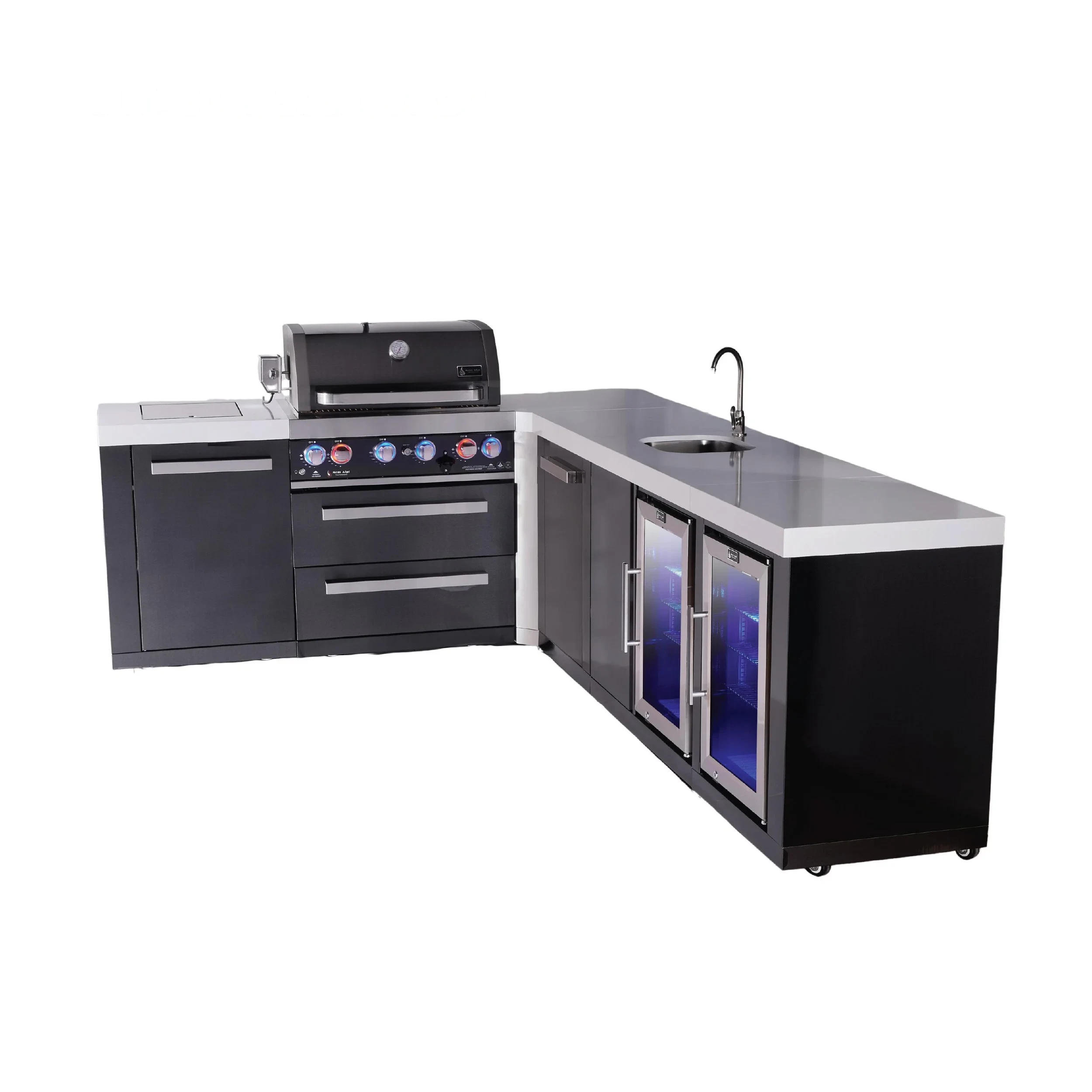 4-burner Black Stainless Steel Island With 90-degree Corner, Beverage Center And Fridge Cabinet Plus Extra Storage Cabinet MAI400BSS90BEVFCXL