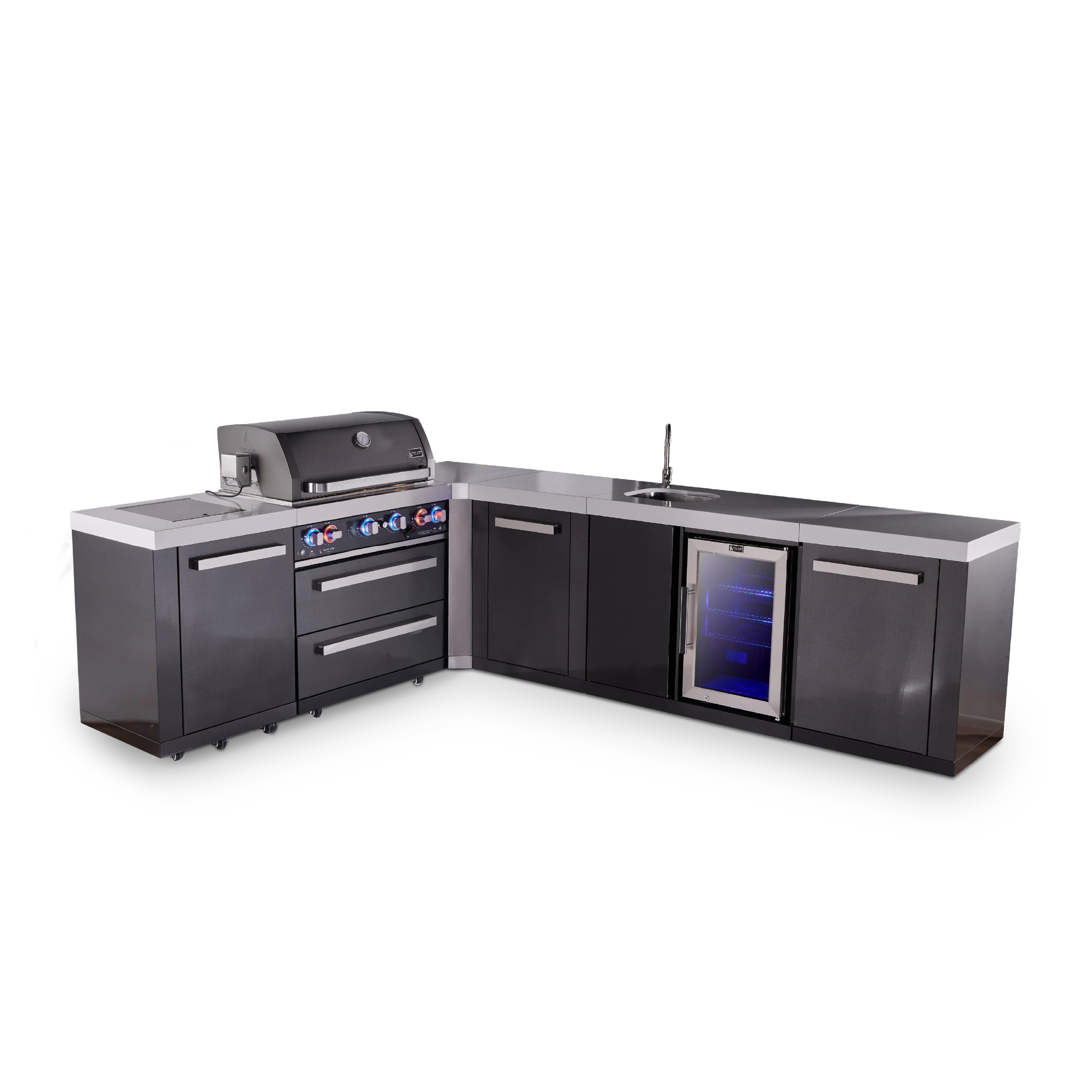 4-burner L-shaped Black Series Outdoor Kitchen Island With 90-degree Beverage Center And Xl Extra Storage Cabinet MAI400BSS90BEVXL
