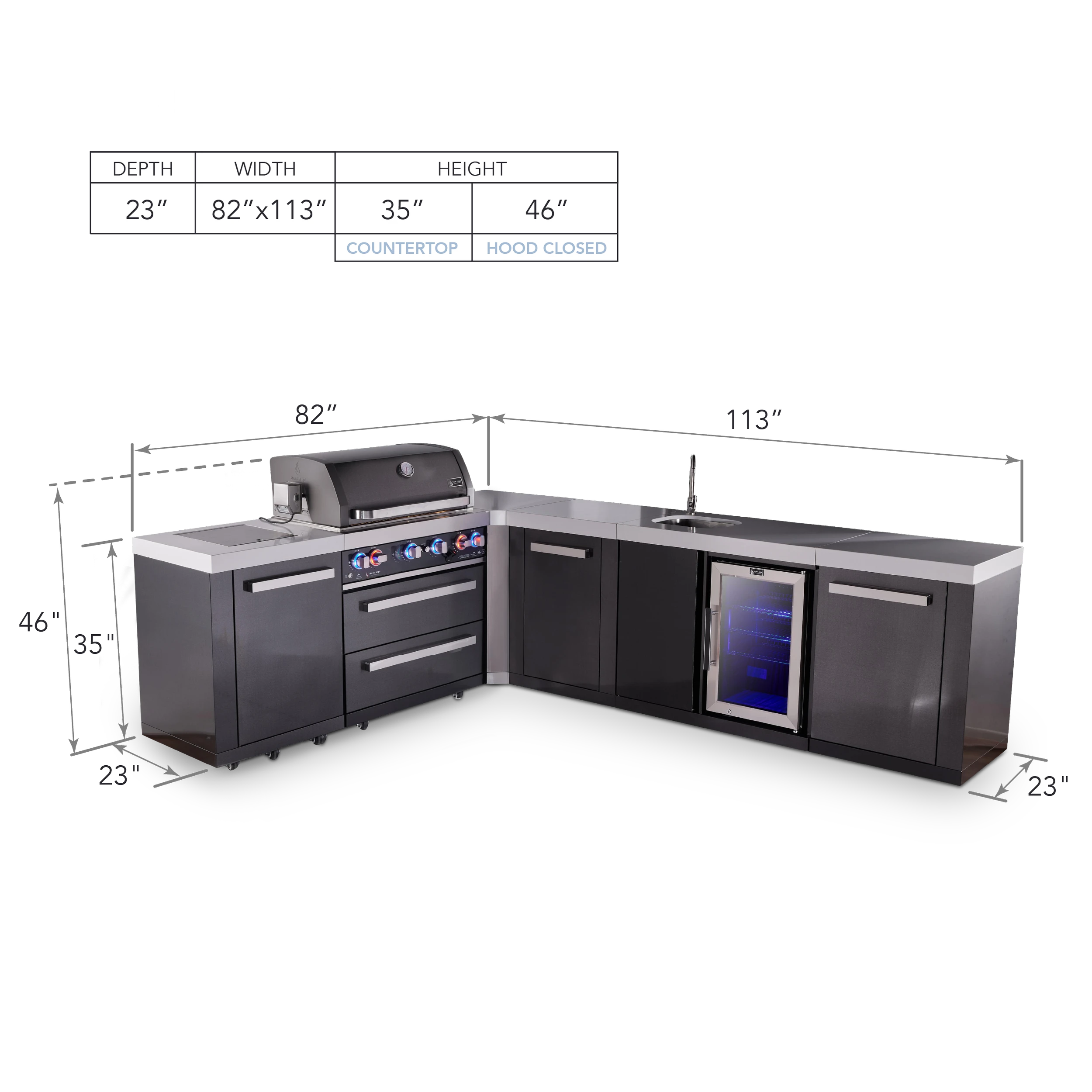 4-burner L-shaped Black Series Outdoor Kitchen Island With 90-degree Beverage Center And Xl Extra Storage Cabinet MAI400BSS90BEVXL