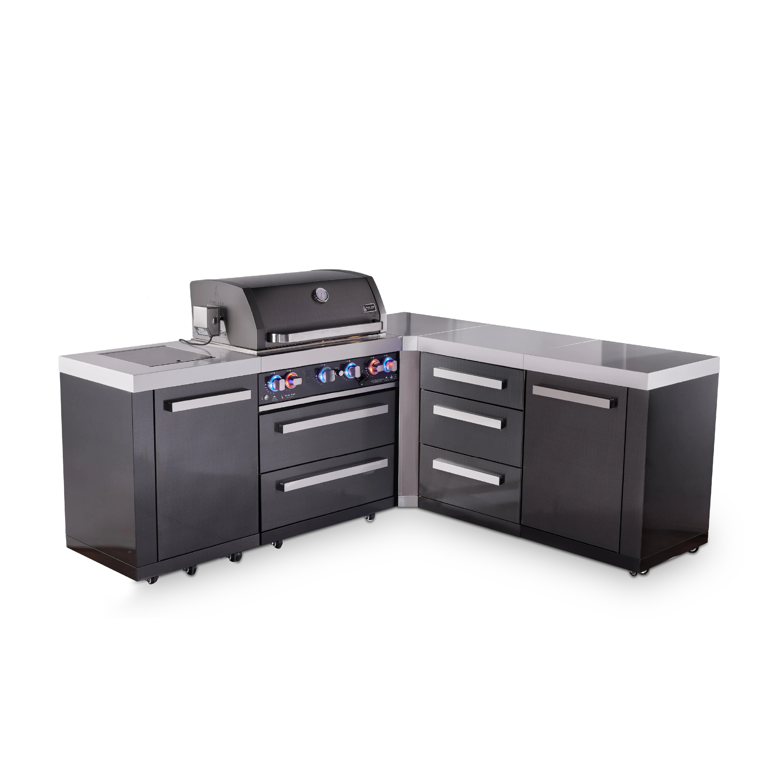 4-burner L-shaped Black Series Outdoor Kitchen Island With 90-degree Corner And Xl Extra Drawer Slides Cabinet MAI400BSS90DR