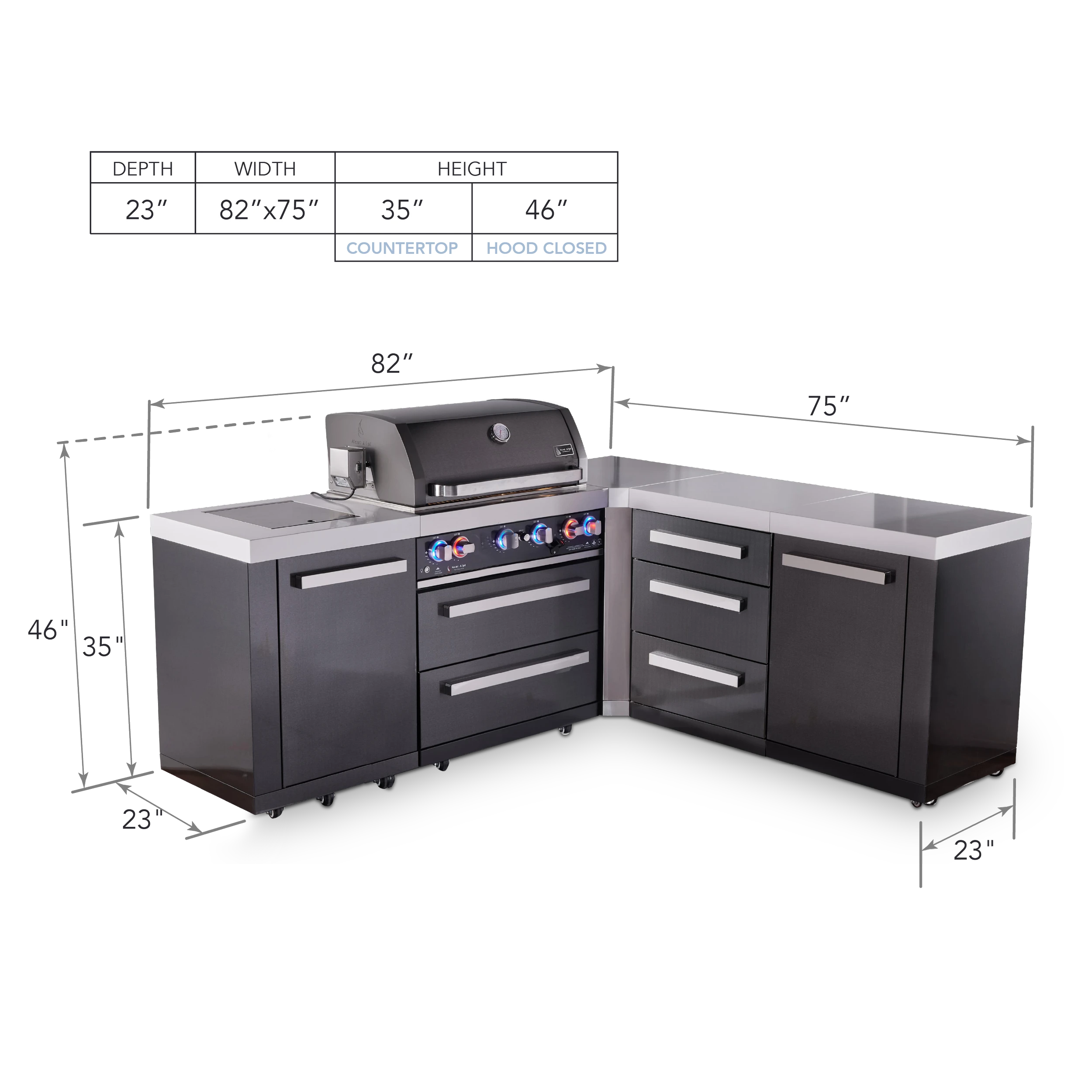 4-burner L-shaped Black Series Outdoor Kitchen Island With 90-degree Corner And Xl Extra Drawer Slides Cabinet MAI400BSS90DR