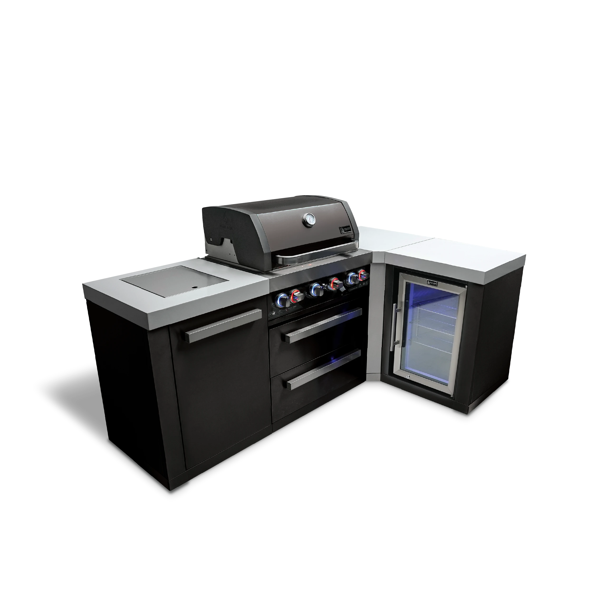 4-burner Black Stainless Steel Island With 90-degree Corner And Fridge Cabinet MAI400BSS90FC