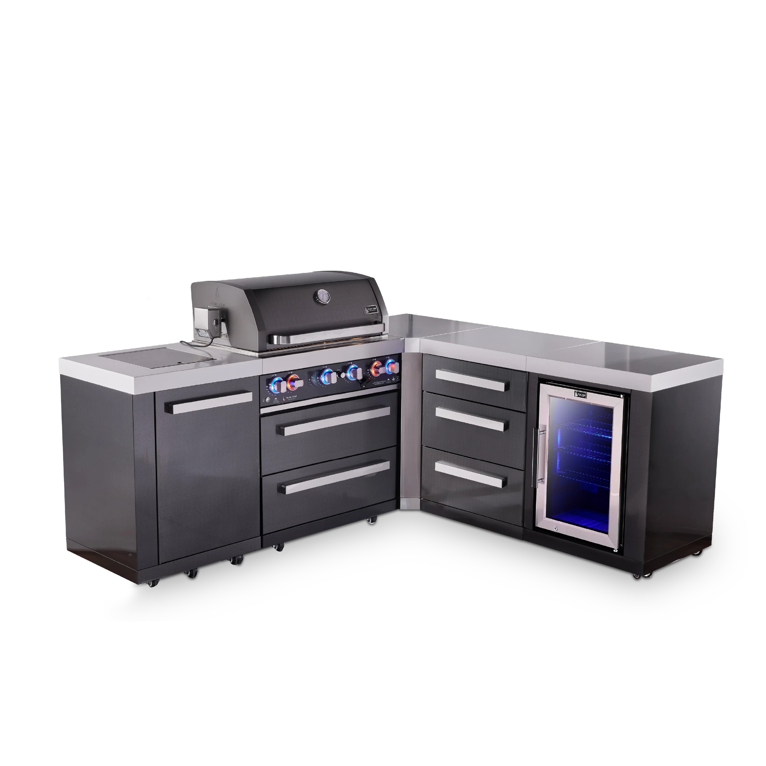 4-burner L-shaped Black Series Outdoor Kitchen Island With 90-degree Corner, Fridge Module And Xl Extra Drawer Slides Cabinet MAI400BSS90FCDR